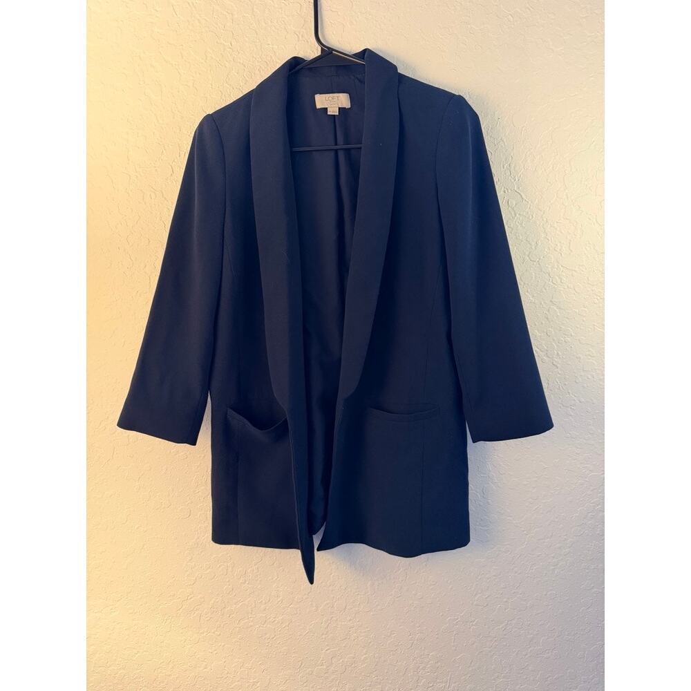 LOFT Navy Blue Open Front Shawl Collar 3/4 Sleeve Blazer Jacket Size 4P